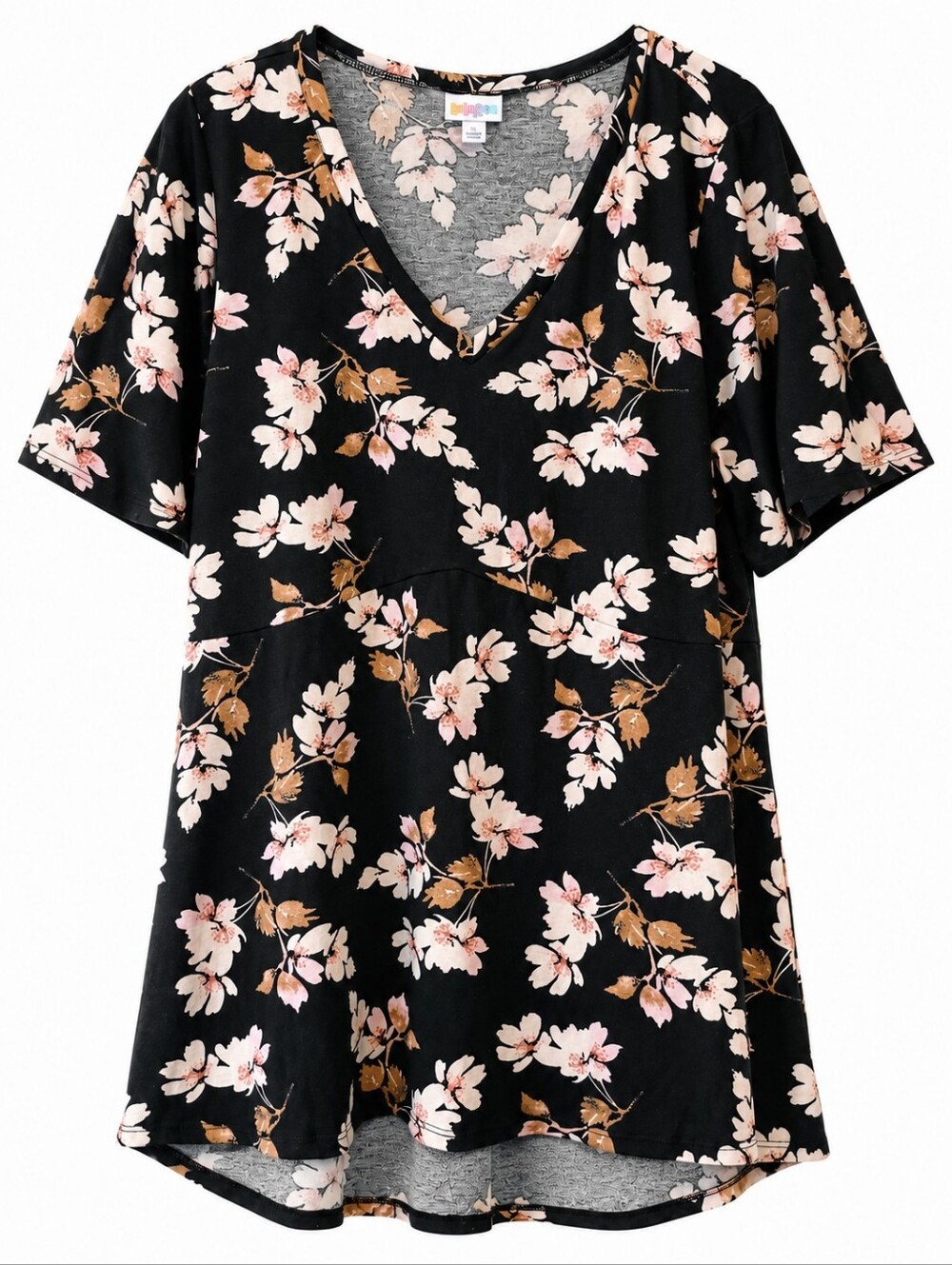 LuLaRoe Black Floral Jana V-Neck Swing Tunic With Angled Empire Seam Size Large